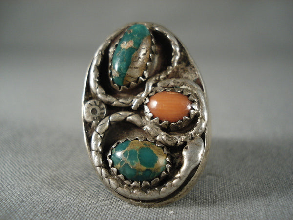 One Of The Oldest Vintage Navajo Snake Green Turquoise Silver Coral Ring