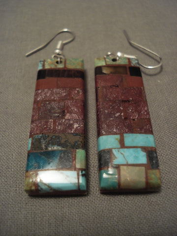 Birck Mosaic Inlay Vintage Santo Domingo Turquoise Pipestone Earrings