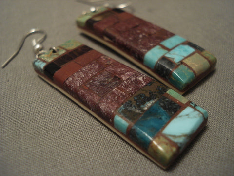 Birck Mosaic Inlay Vintage Santo Domingo Turquoise Pipestone Earrings