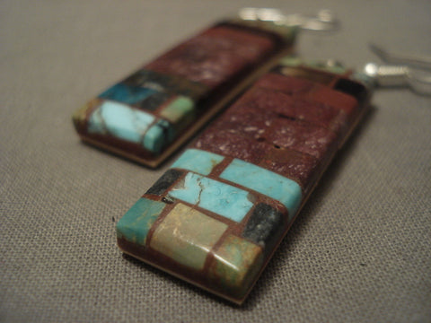 Birck Mosaic Inlay Vintage Santo Domingo Turquoise Pipestone Earrings