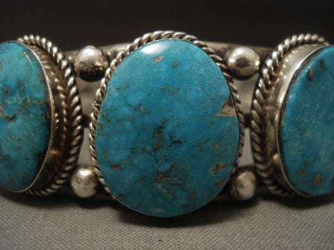 Intense And Deep Vintage Navajo Easter Blue Turquoise Silver Bracelet