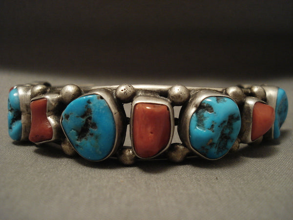 Important Vintage Navajo 'Chunk Coral' Turquoise Navajo 'Guild' Silver Bracelet