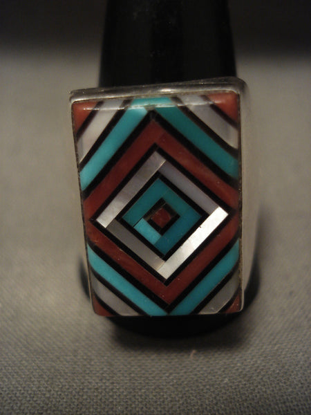 Intense And Very Intricate Vintage Zuni Turquoise Coral Silver Ring