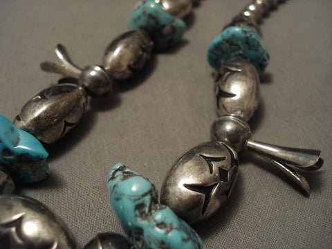 Fat Football Bead Vintage Navajo Hand Tooled Silver Turquoise Necklace