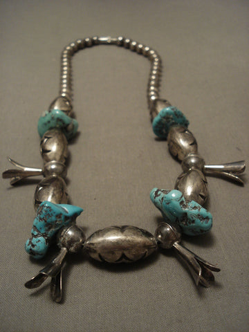 Fat Football Bead Vintage Navajo Hand Tooled Silver Turquoise Necklace