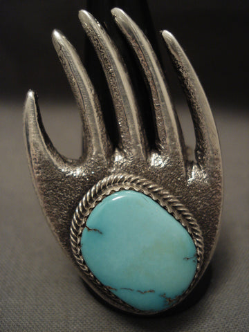 Huge Vintage Navajo 'Sacred Hand' Turquoise Silver Ring