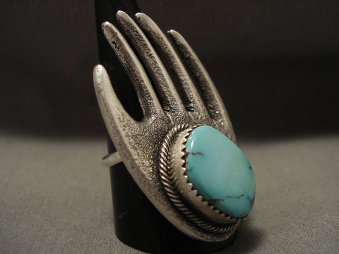 Huge Vintage Navajo 'Sacred Hand' Turquoise Silver Ring