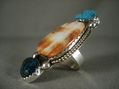 Huge Modernistic Navajo Spiny Oyster Silver Turquoise Ring