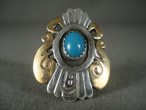 Important Vintage Navajo Thomas Singer Real Gold And Silver Turquoise Ring