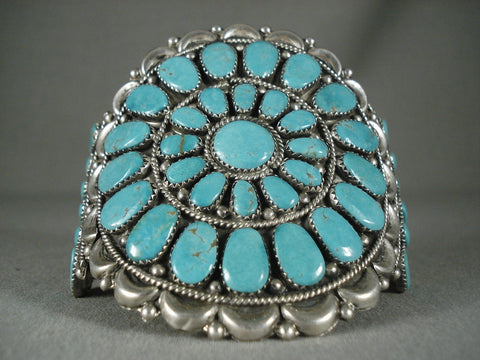 Huge Vintage Navajo 'Fat Turquoise' Wave Silver Bracelet Old