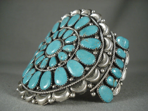 Huge Vintage Navajo 'Fat Turquoise' Wave Silver Bracelet Old