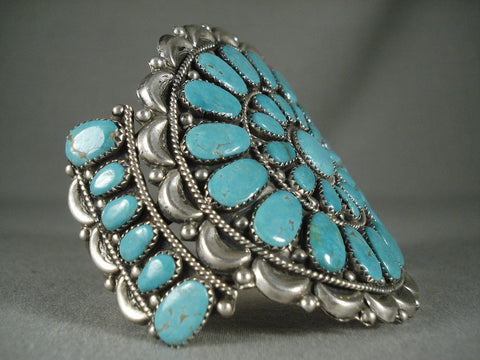 Huge Vintage Navajo 'Fat Turquoise' Wave Silver Bracelet Old
