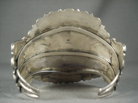 Huge Vintage Navajo 'Fat Turquoise' Wave Silver Bracelet Old