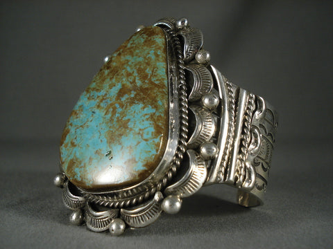 Huge Modernistic Navajo Natural Green Turquoise Silver Bracelet