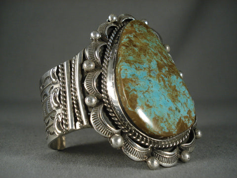 Huge Modernistic Navajo Natural Green Turquoise Silver Bracelet