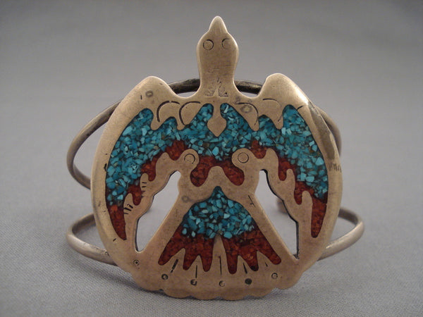 The Largest Vintage Navajo Waterbird Turquoise Coral Silver Bracelet