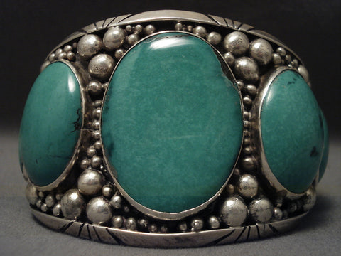 Incredibly Wide Vintage Navajo Green Turquoise Silver Bracelet