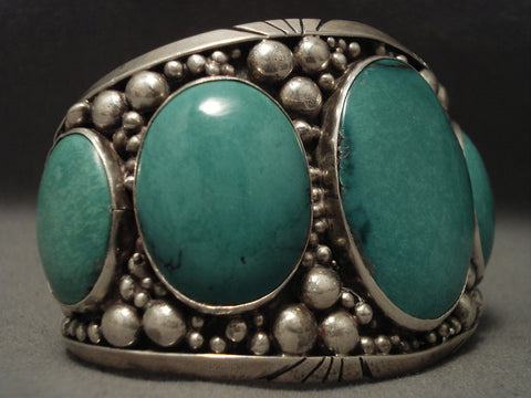 Incredibly Wide Vintage Navajo Green Turquoise Silver Bracelet
