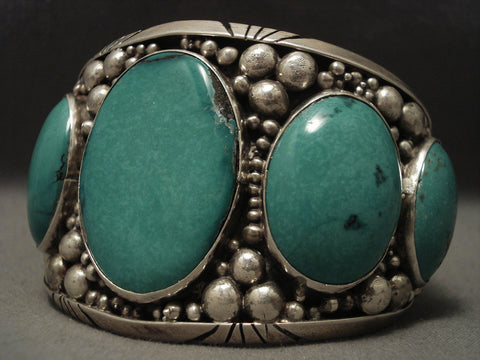 Incredibly Wide Vintage Navajo Green Turquoise Silver Bracelet