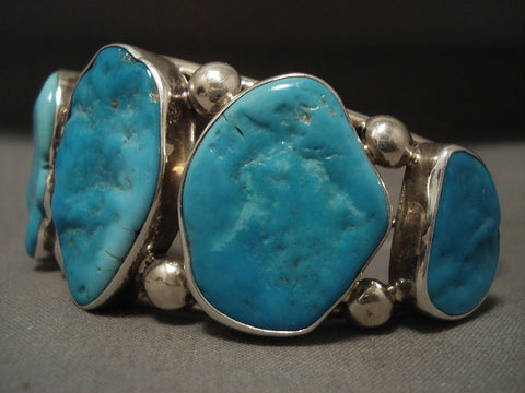 Chunky And Big Vintage Navajo Turquoise Silver Bracelet Old