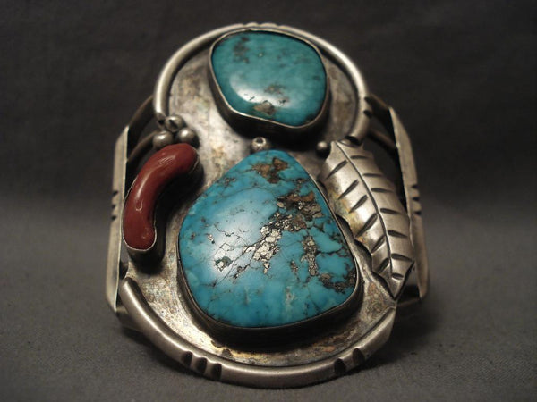 Big Old 1960's Vintage Navajo Turquoise Coral Silver Bracelet