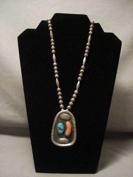 Earlier 1900's Vintage Navajo Persian Turquoise Natural Coral Silver Necklace