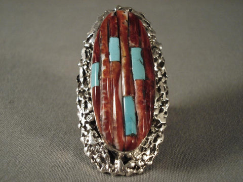 Huge And Heavy Silver Casted Turquoise Shell Navajo Ring