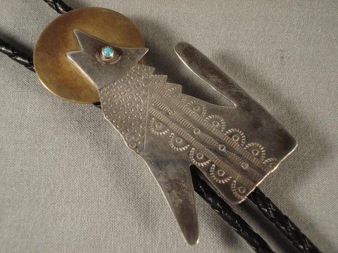 Twilight Moon Howling Coyote Vintage Navajo Silver Bolo Tie