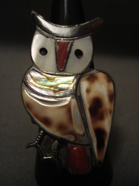 One Of The Biggest Animal Vintage Zuni/ Navajo Owl Coral Silver Ring