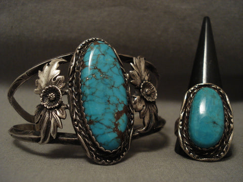 Crazy Spider Turquoise Vintage Navajo Sterling Silver Bracelet Ring Set