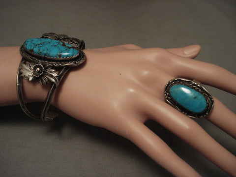 Crazy Spider Turquoise Vintage Navajo Sterling Silver Bracelet Ring Set