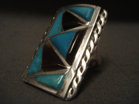 Huge Vintage Navajo 'Trignualr Turquoise' Shell Sterling Silver Ring