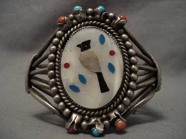 Huge Vintage Zuni Mosaic Bird Turquoise Silver Bracelet