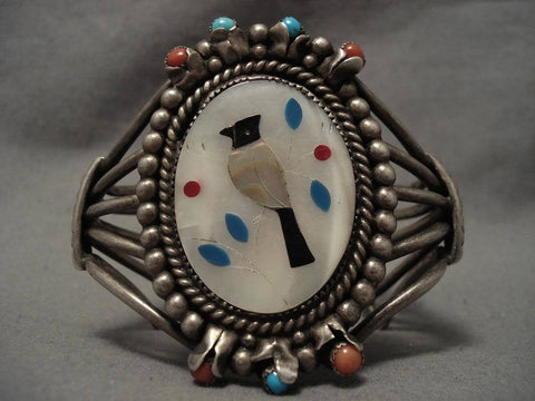 Huge Vintage Zuni Mosaic Bird Turquoise Silver Bracelet