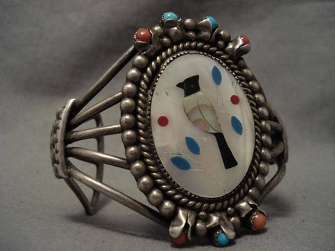 Huge Vintage Zuni Mosaic Bird Turquoise Silver Bracelet