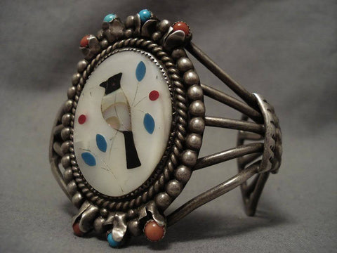 Huge Vintage Zuni Mosaic Bird Turquoise Silver Bracelet