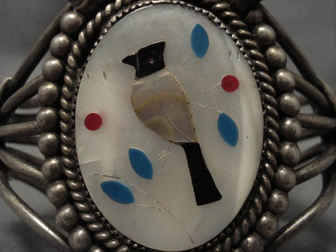 Huge Vintage Zuni Mosaic Bird Turquoise Silver Bracelet