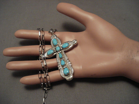 Important Old Zuni Horace Iule Turquoise Silver Cross Necklace