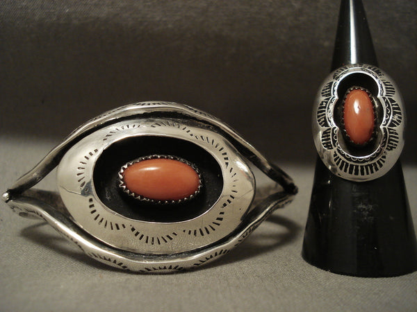 Beautiful Vintage Navajo Natural Coral Sterling Silver Bracelet Ring Set