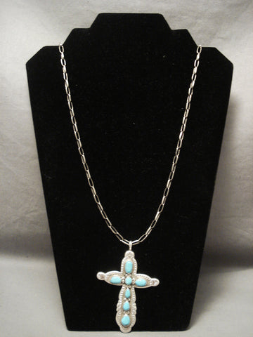 Important Old Zuni Horace Iule Turquoise Silver Cross Necklace