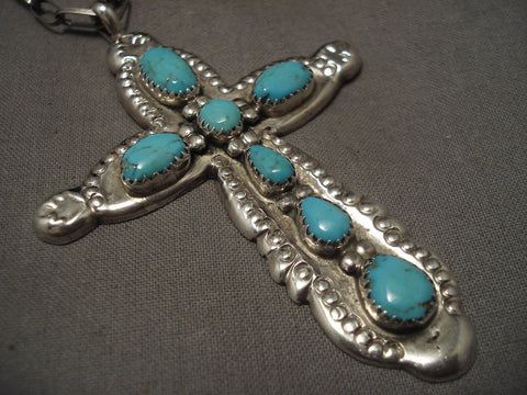 Important Old Zuni Horace Iule Turquoise Silver Cross Necklace