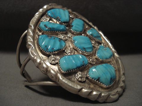 Colossal Vintage Navajo 'Turquoise Leaf' Silver Bracelet