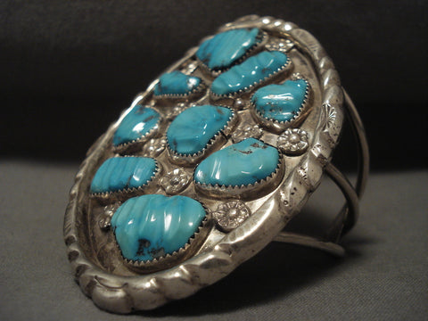 Colossal Vintage Navajo 'Turquoise Leaf' Silver Bracelet