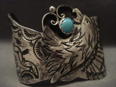 Huge And Heavy Old Navajo Eagle Turquoise Silver Bracelet