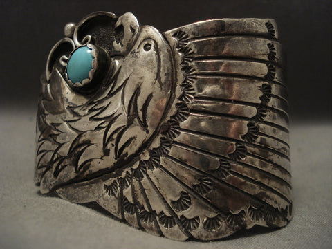 Huge And Heavy Old Navajo Eagle Turquoise Silver Bracelet