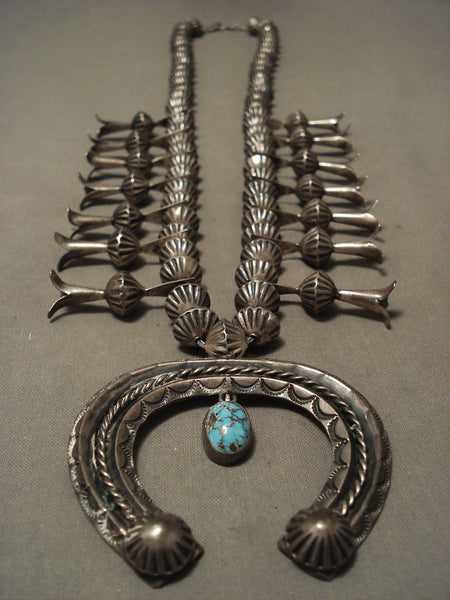 1930's Vintage Navajo Hogan Bead Bisbee Turquoise Squash Blossom Necklace