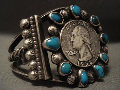 Museum Vintage Navajo 'Natural Bisbee Turquoise' Coin Silver Bracelet