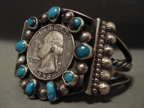 Museum Vintage Navajo 'Natural Bisbee Turquoise' Coin Silver Bracelet