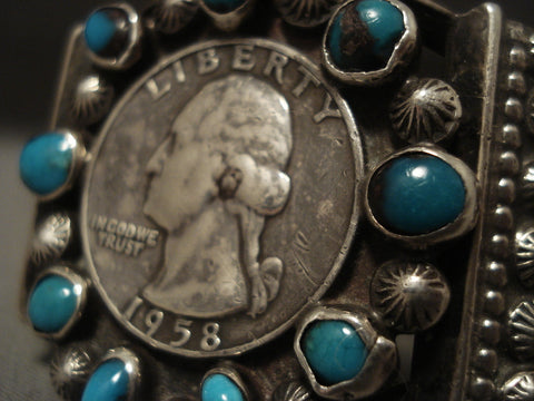 Museum Vintage Navajo 'Natural Bisbee Turquoise' Coin Silver Bracelet