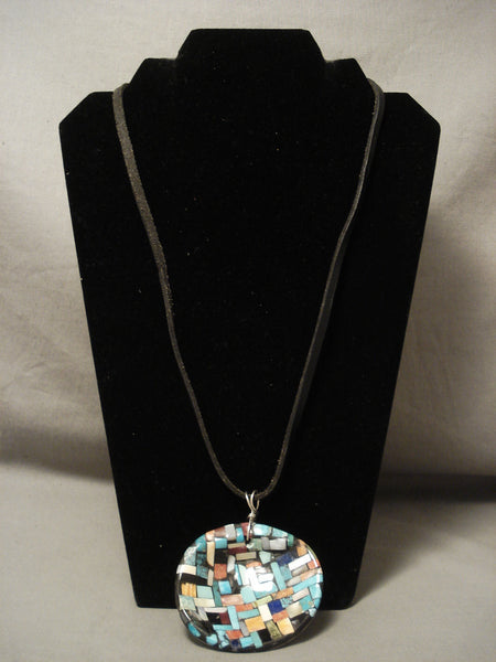 Intense And Extreme Inlay Vintage Zuni Sterling Silver Leather Shell Necklace